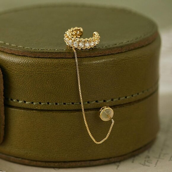 Gold Dangle Hoop Earrings Small Stud Drop Chain Dazzling Zirconia Jewelry - Picture 7 of 9